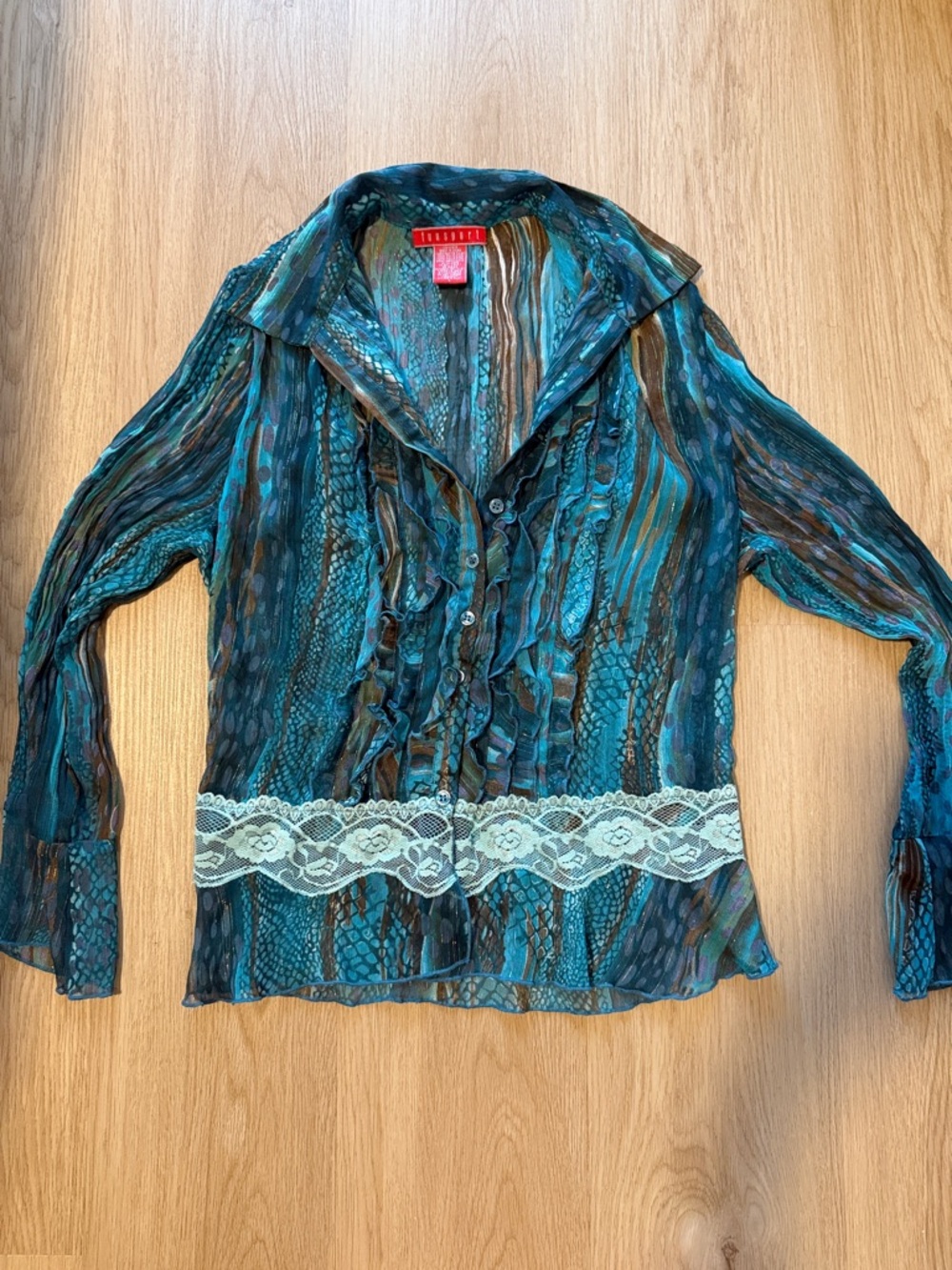 Teal Patterned Ruffle Button-Down Shirt with Lace Trim